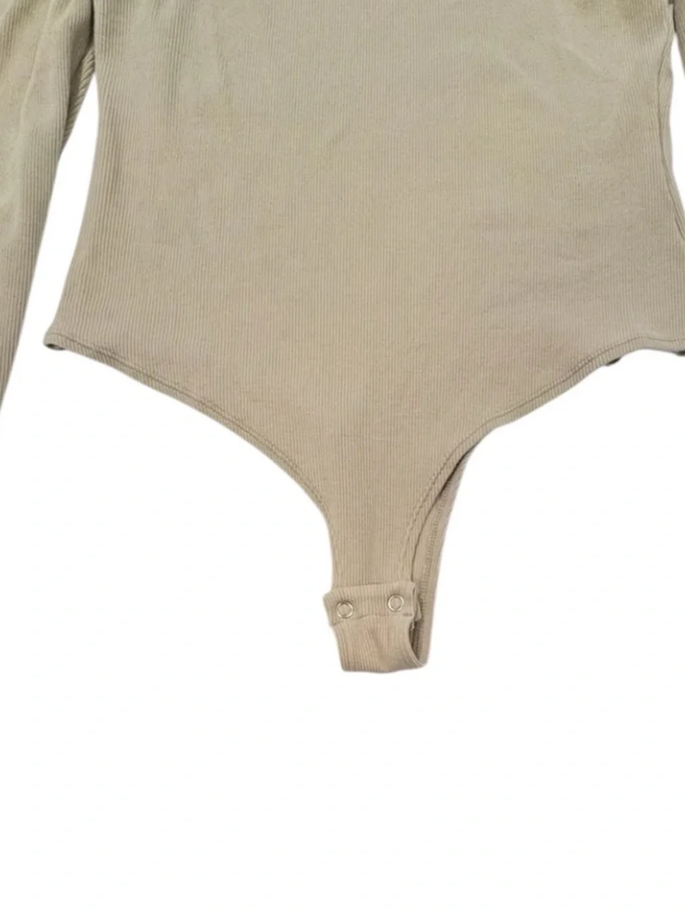 REORIA Ribbed Stretchy Long Puff Sleeve Neutral Thong Bodysuit XL
